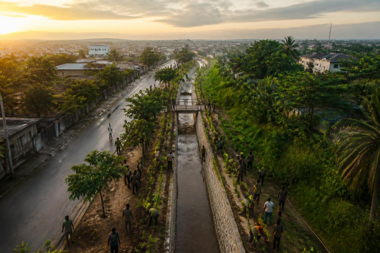 Aerial view of an Accra neighborhood with restored drainage and greenery at dawn